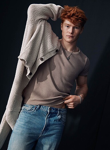 Le 31: Le t-shirt col rond d&eacute;gag&eacute; jersey c&ocirc;tel&eacute; Taupe pour homme