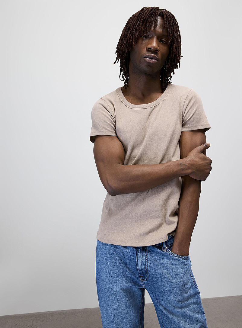 Le 31: Le t-shirt col rond d&eacute;gag&eacute; jersey c&ocirc;tel&eacute; Taupe pour homme