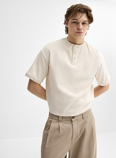 Djab: Le t-shirt henley gaufr&eacute; uni Ivoire - Beige cr&egrave;me pour homme