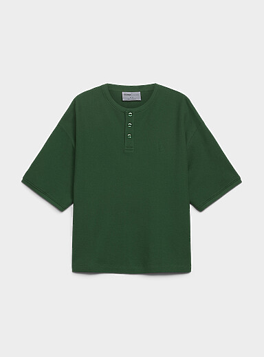 Djab: Le t-shirt henley gaufr&eacute; uni Vert pour homme