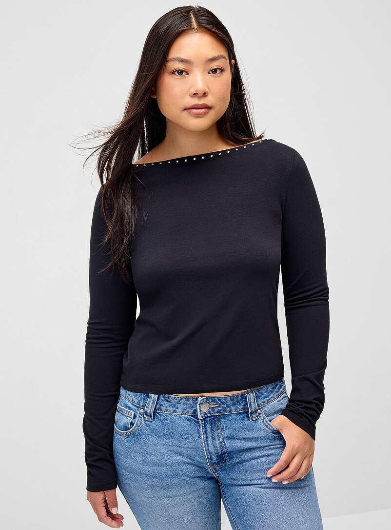 Studded boat-neck T-shirt | Twik | Shop Women's Long Sleeves | Simons
