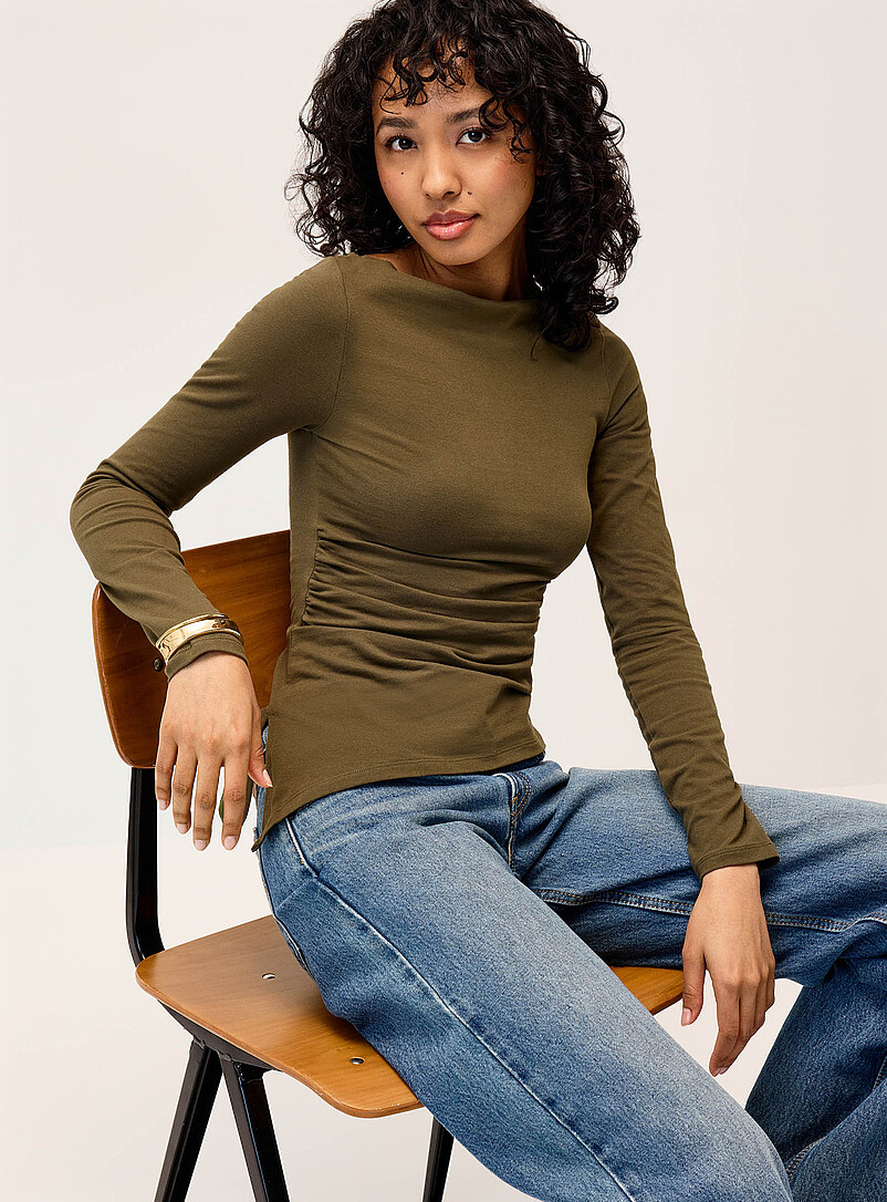 Twik Brown Asymmetrical hem boat-neck T-shirt for women