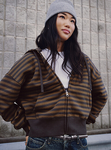 Twik Mossy Green Pop stripe zip hoodie for women