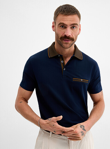 Le 31 Navy/Midnight Blue Herringbone-knit collar jersey polo for men