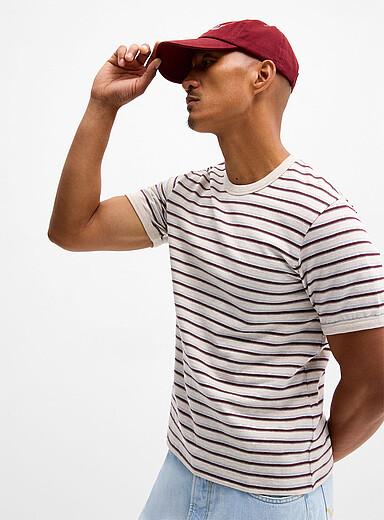 Le 31: Le t-shirt rayures tiss&eacute;es <b>Coupe r&eacute;tro</b> &Eacute;cru &agrave; motifs pour homme