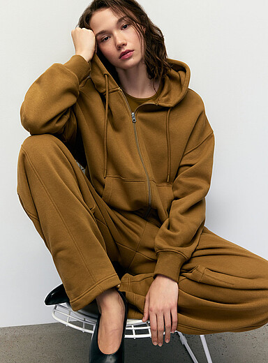 Twik: Le sweat &agrave; capuche zipp&eacute; molleton <b>Coupe d&eacute;contract&eacute;e</b> Fauve - Tabac pour femme