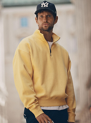I.FIV5 Lemon/Canary Yellow Faded cotton fleece zip-neck sweatshirt for men