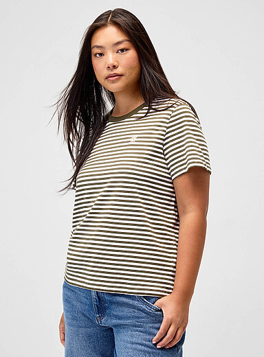 Twik Patterned Green Small embroidery striped T-shirt <b>Relaxed fit</b> for women