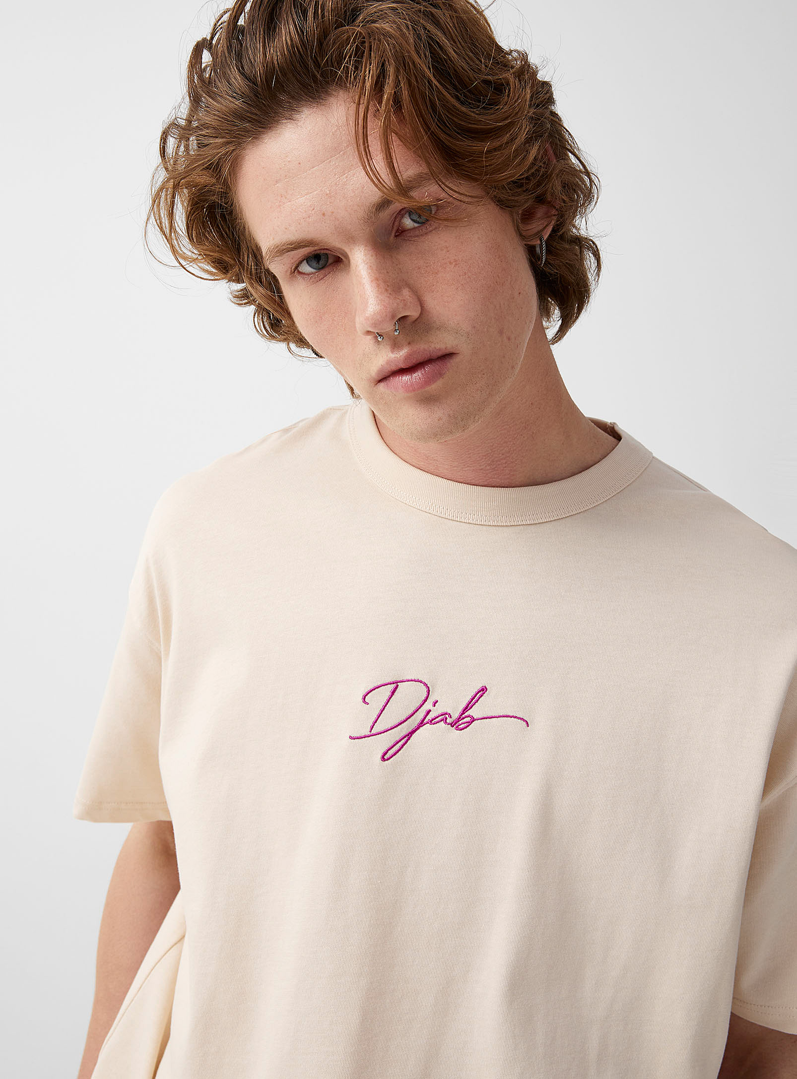 Djab Cursive Logo Oversized T-shirt 101 In Cream Beige | ModeSens