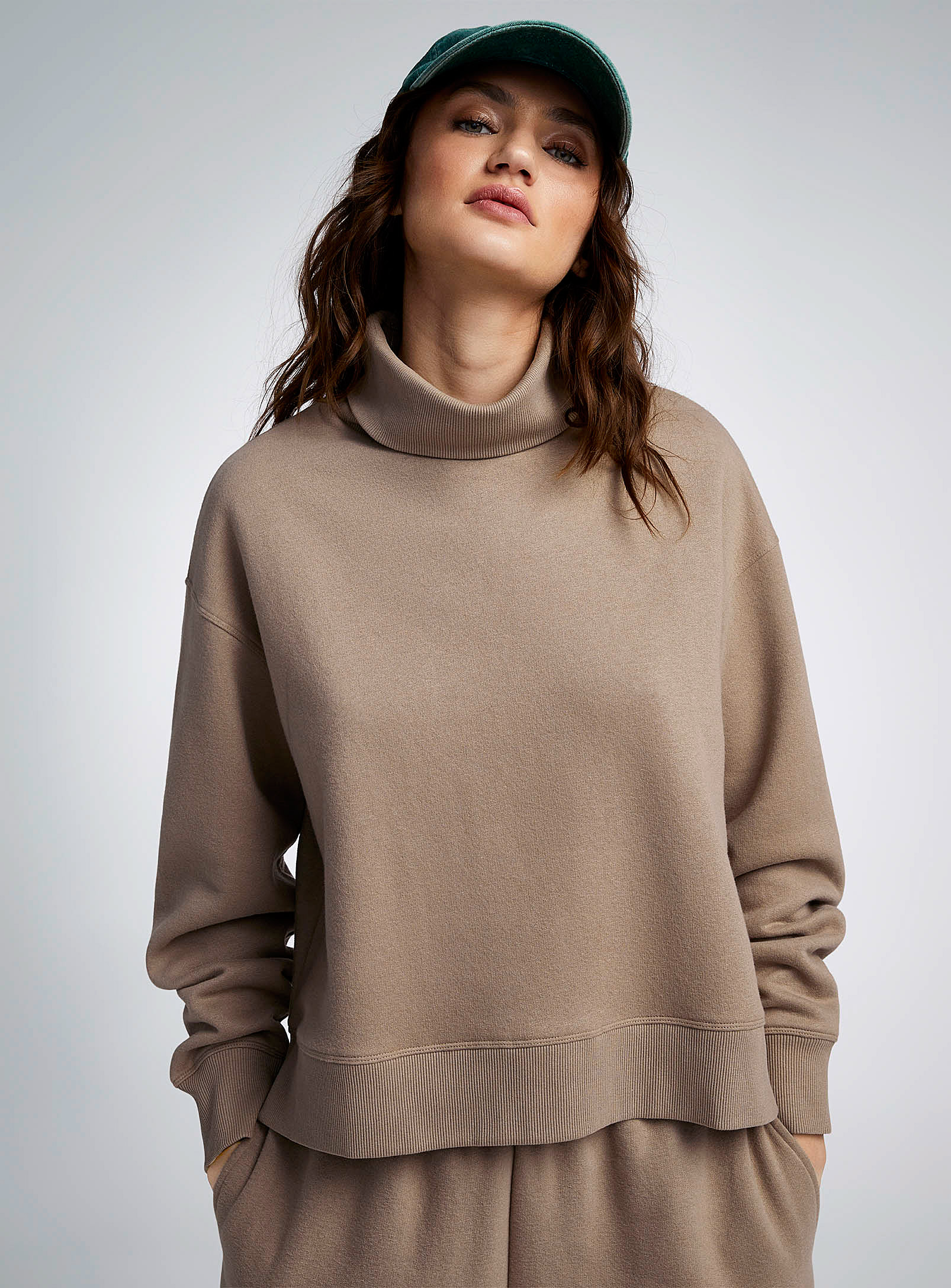 Twik Fleece Turtleneck Boxy-fit Sweatshirt In Light Brown