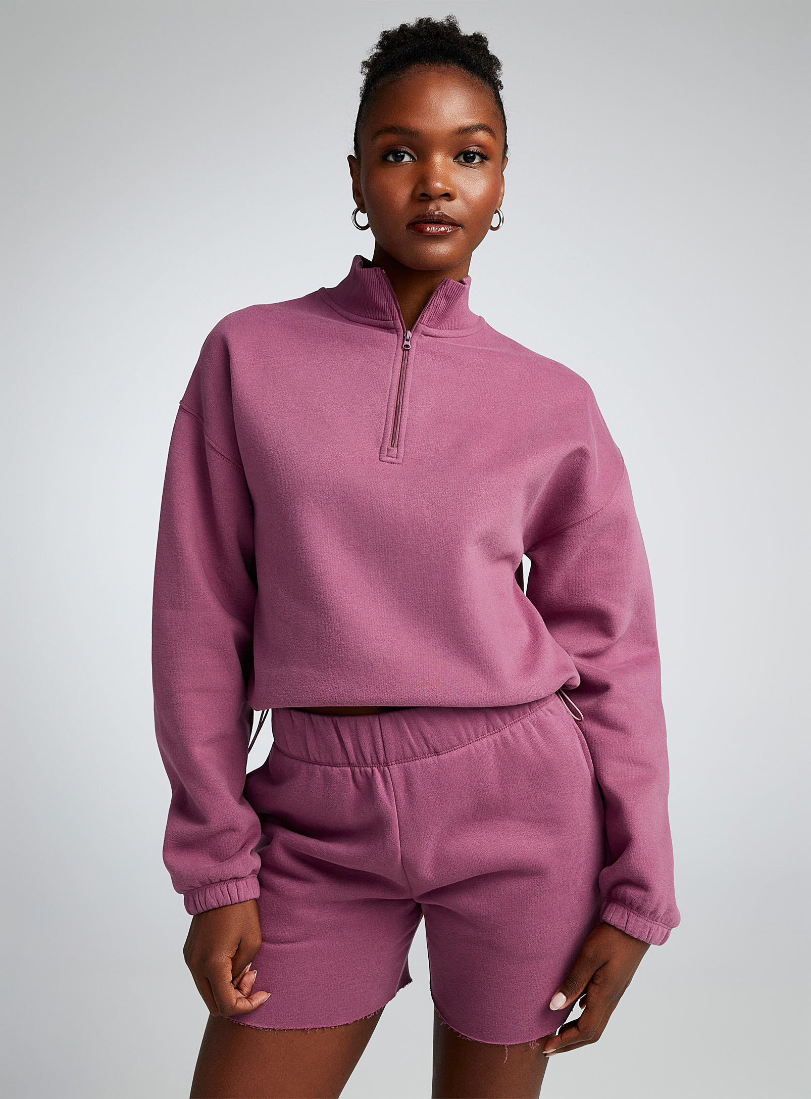 Twik Zippered Soft Fleece Mock-neck Sweatshirt In Dusky Pink