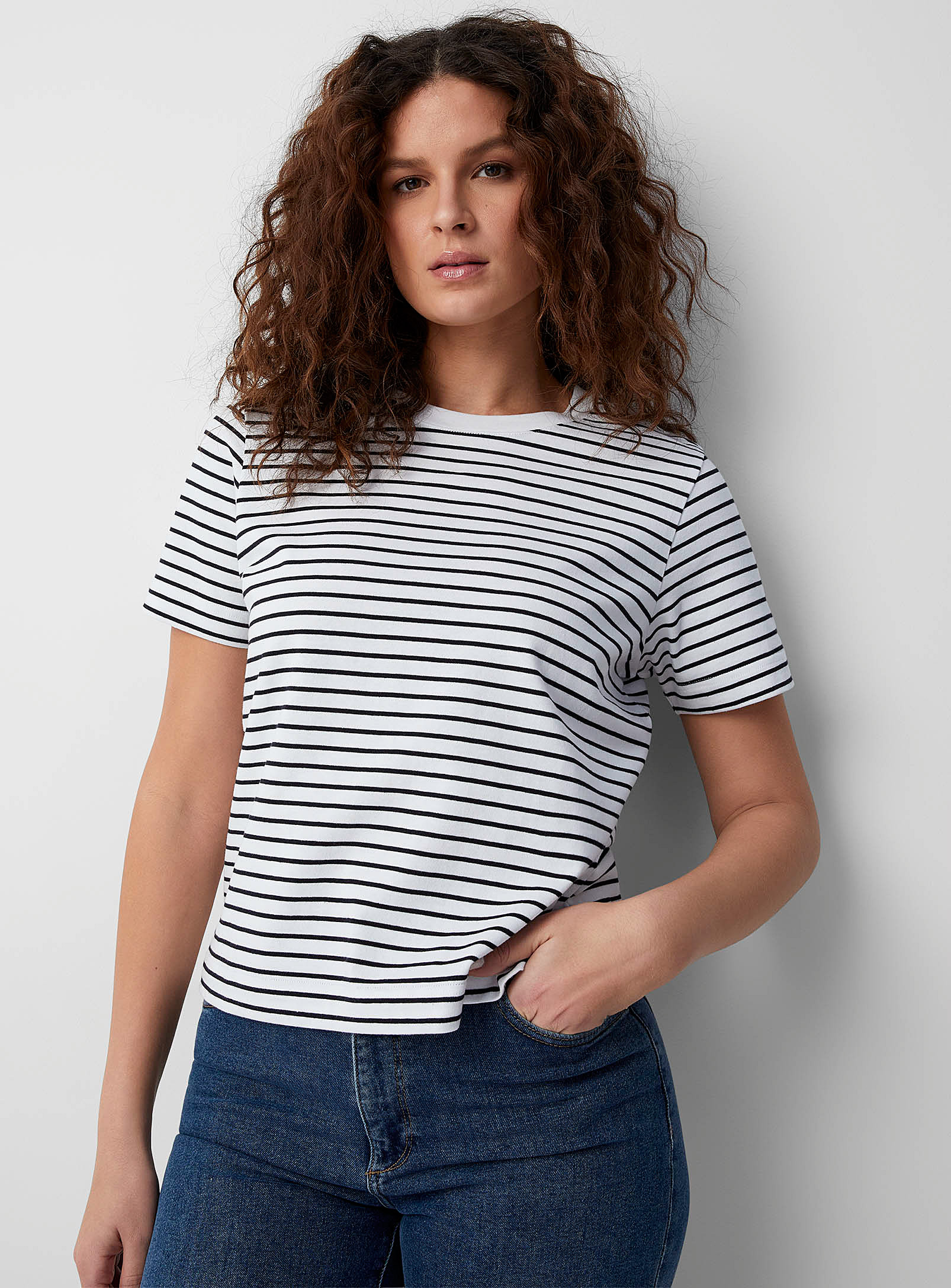 Contemporaine Thick Jersey Striped T-shirt In Patterned White