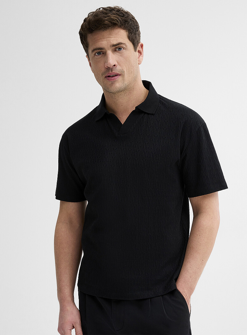 Johnny-Collar Textured Jersey Polo Comfort Fit