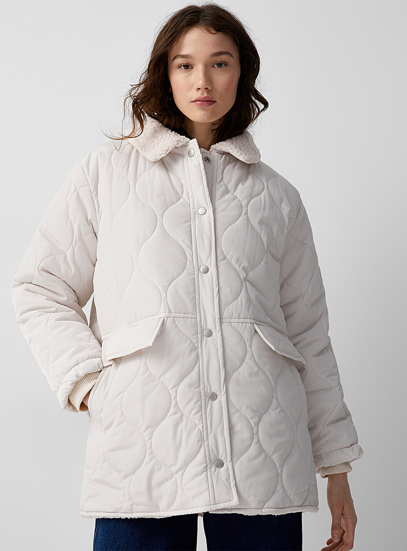 Twik Ivory White Sherpa edging quilted jacket for women