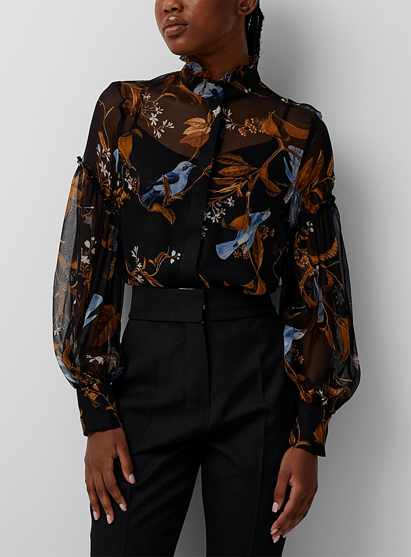 Erdem Patterned Black Cecilia Birds silky blouse for women