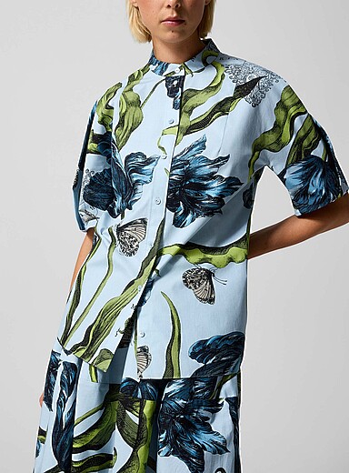 Erdem: La blouse manches &agrave; plis en popeline Bleu &agrave; motifs pour femme