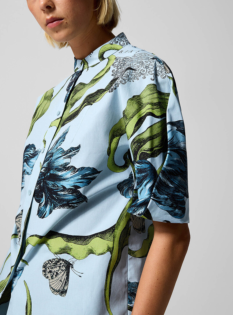 Erdem Patterned Blue Pleated sleeves poplin blouse for women