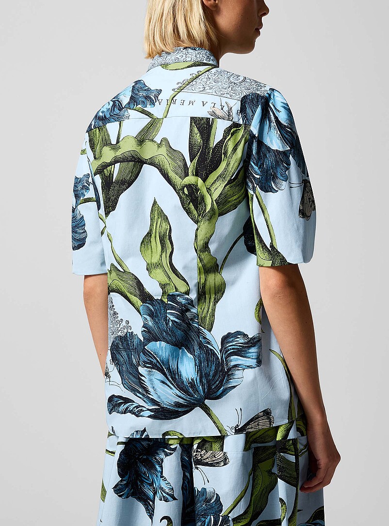 Erdem Patterned Blue Pleated sleeves poplin blouse for women