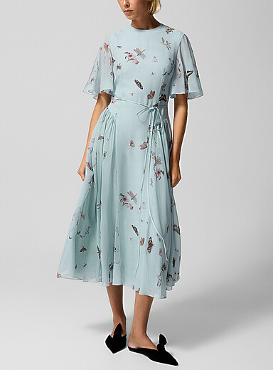 Erdem Patterned Blue Pure silk sheer sleeves dress for women