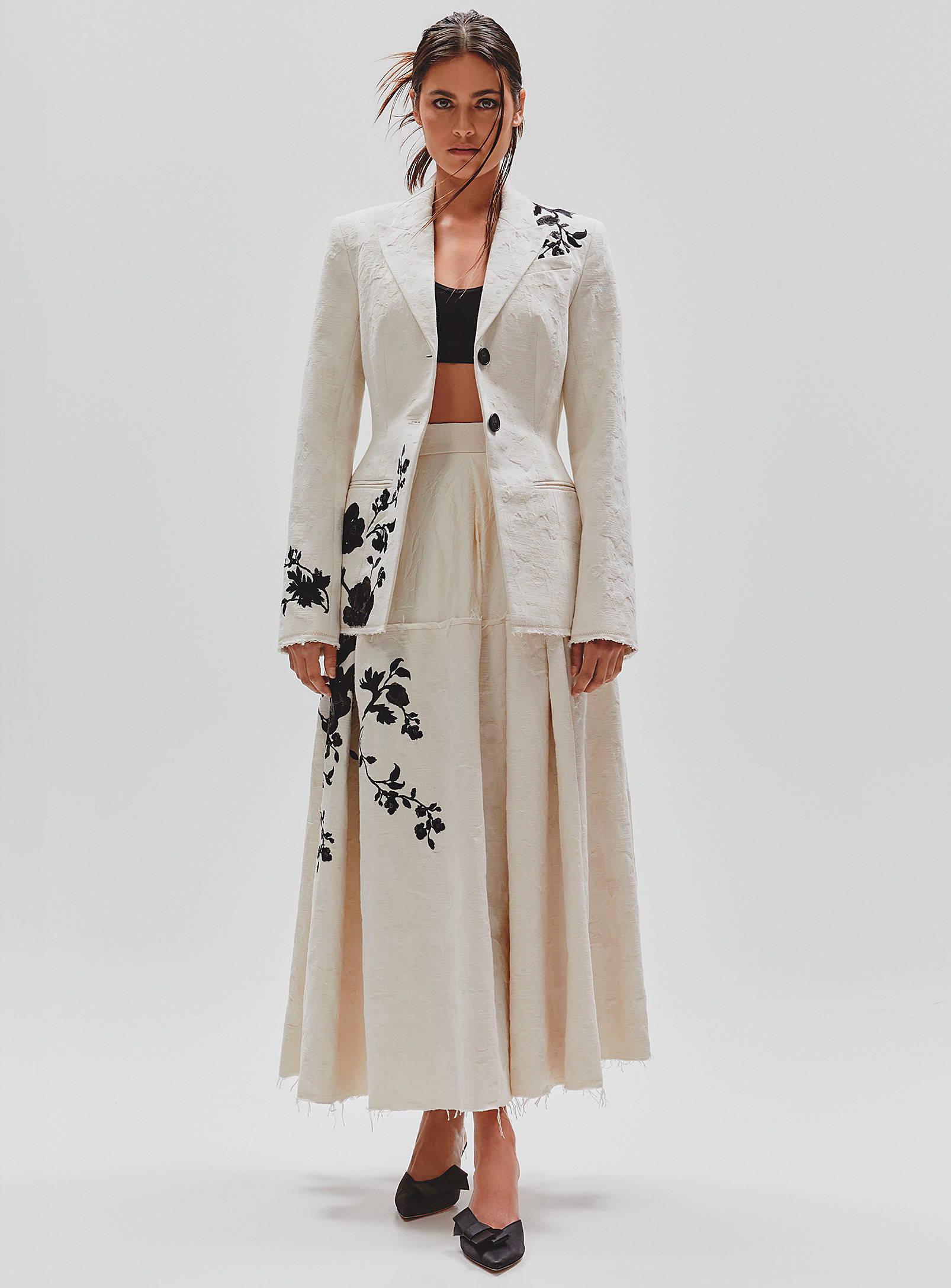 Erdem Embroidered Jacquard Skirt In Ecru/linen
