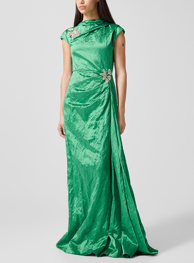 Draped Satin Dress With Embroidered Embellishments