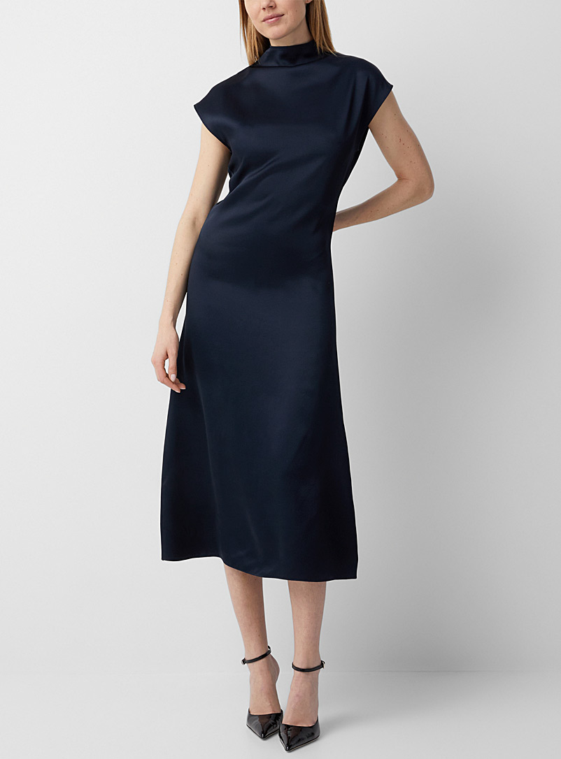 Gauchere Dark Blue Satiny mock-neck dress for women