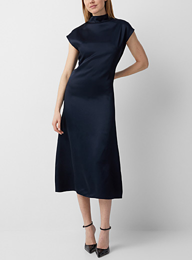 Gauchere Dark Blue Satiny mock-neck dress for women