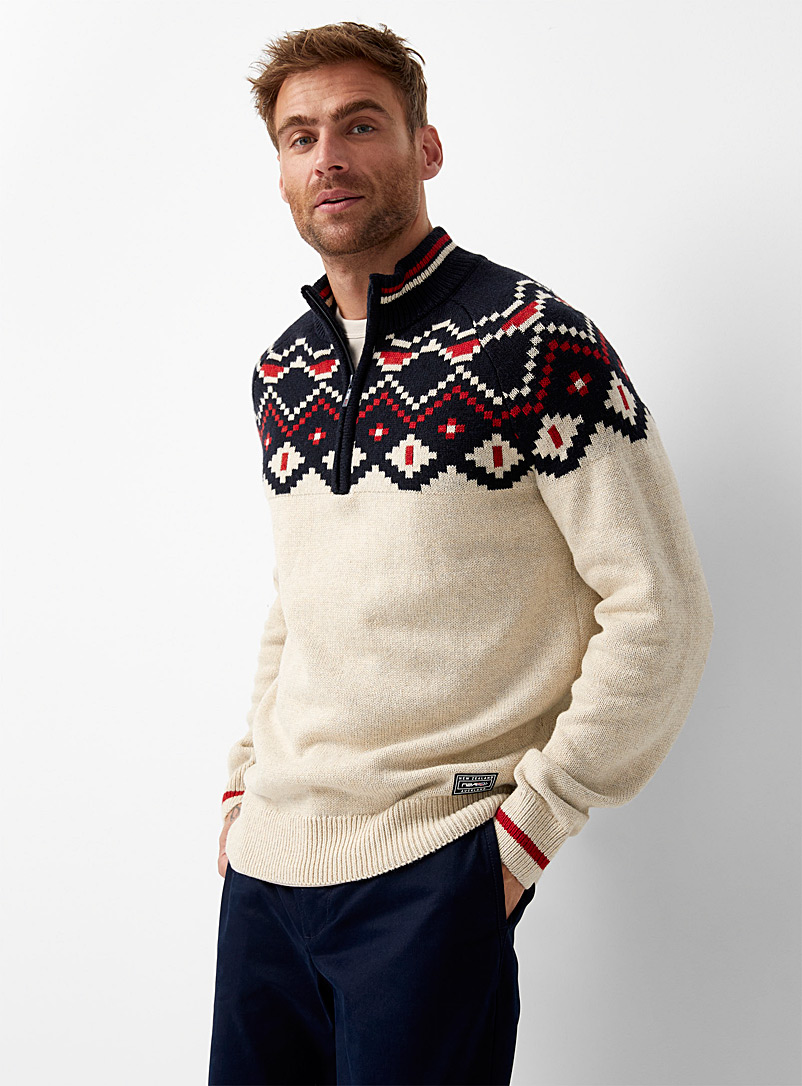 New Zealand Auckland Ecru/Linen Pixelated jacquard sweater for men