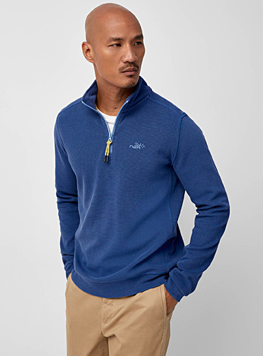 New Zealand Auckland Blue Textured knit zip-neck sweater for men