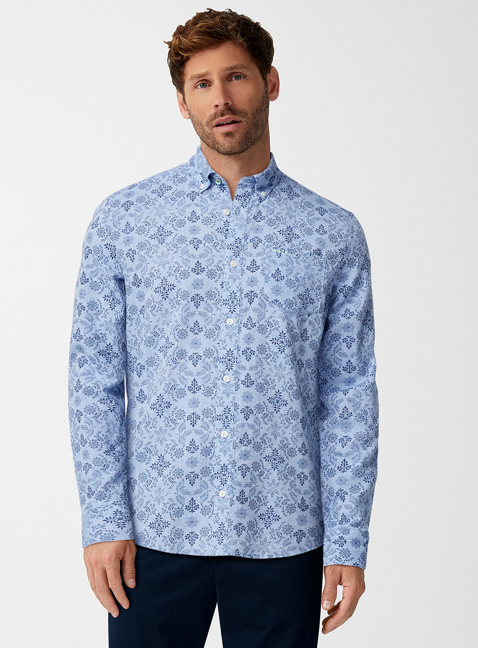 New Zealand Auckland Chambray-like Floral Shirt In Navy/midnight Blue
