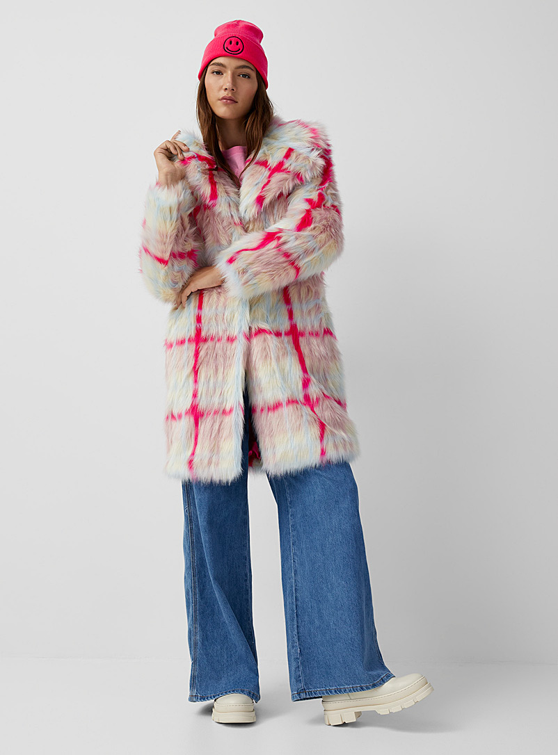Twik Pink Fuchsia checkers fur coat for women