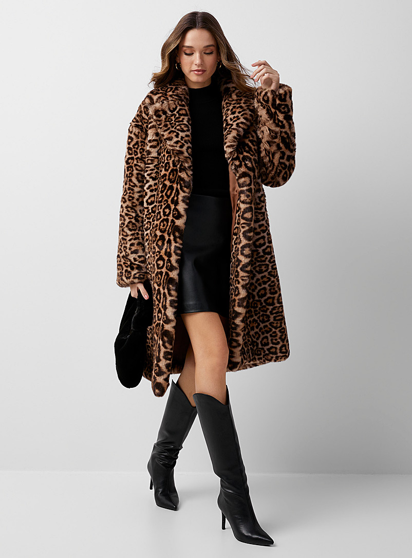 Icône Patterned Brown Long leopard-print plush coat for women