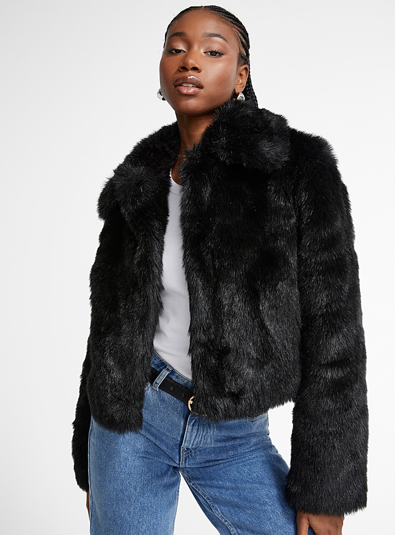 Molliolli Black Faux-fur polo collar cropped jacket for women