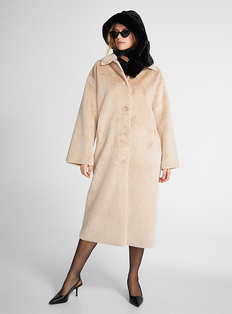 Molliolli: Le long manteau ultradoux col polo Beige crème pour femme