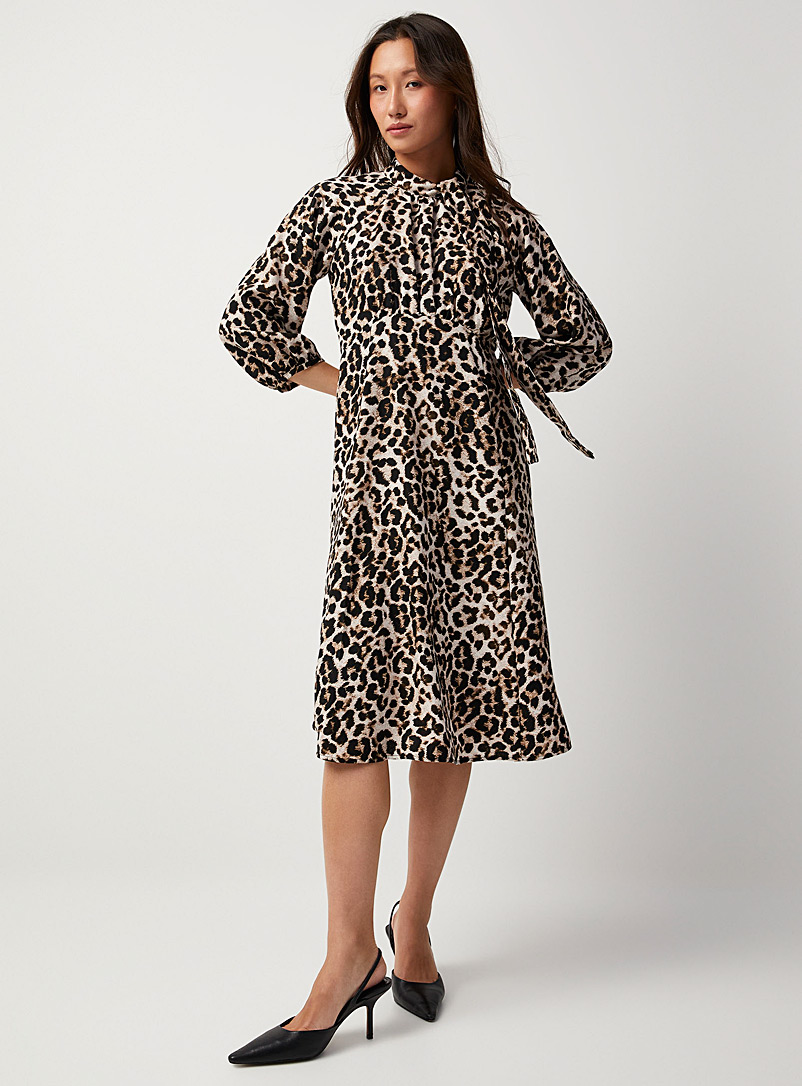 Calvin Klein Patterned Ecru Bow-collar leopard print dress for women