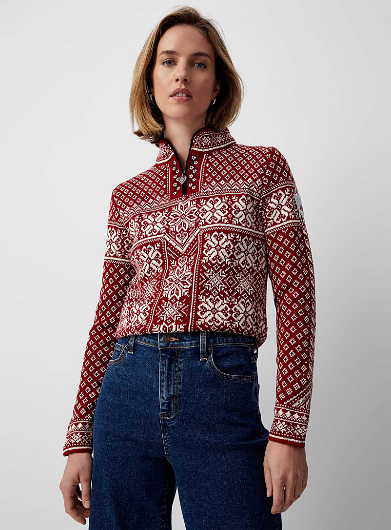 Dale of Norway Ruby Red Peace embroidered neck pure wool sweater for women