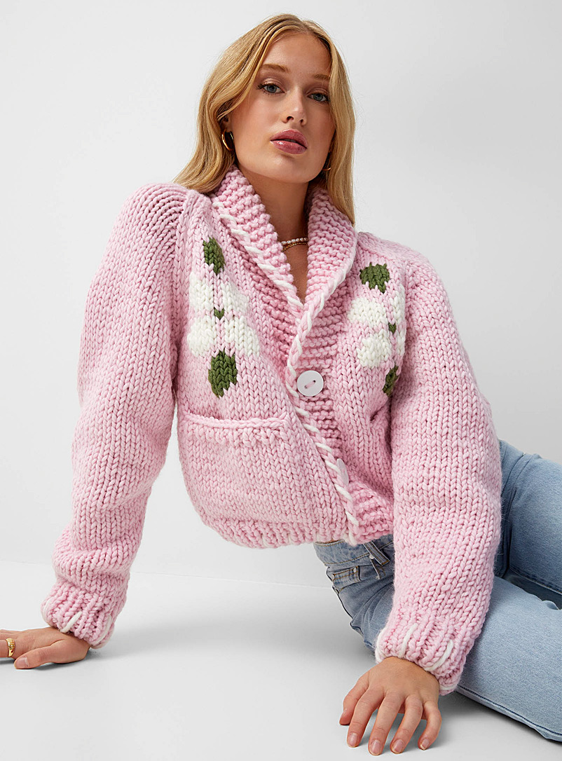 GOGO Pink Light pink shawl-collar 100% wool cardigan for women
