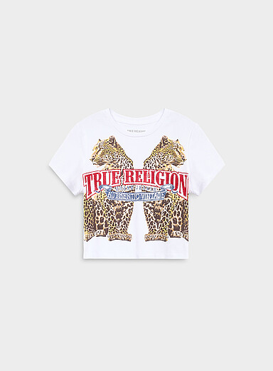True Religion White Rhinestoned logo leopards fitted T-shirt for women