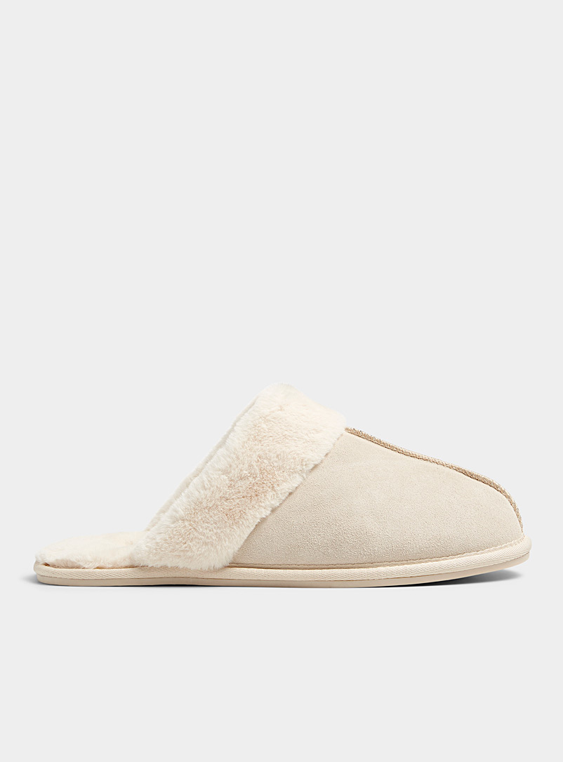 Miiyu Ivory White Suede mule slippers for women