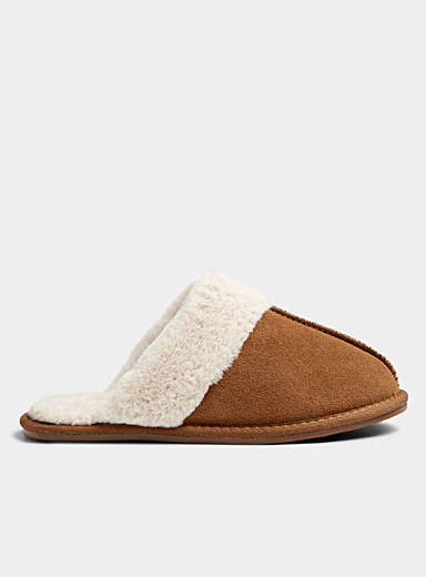 Faux-fur trim suede mule slippers Women