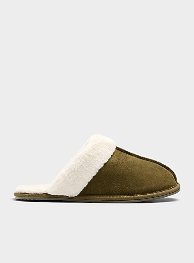 Miiyu Khaki/Sage/Olive Faux-fur trim suede mule slippers Women for women