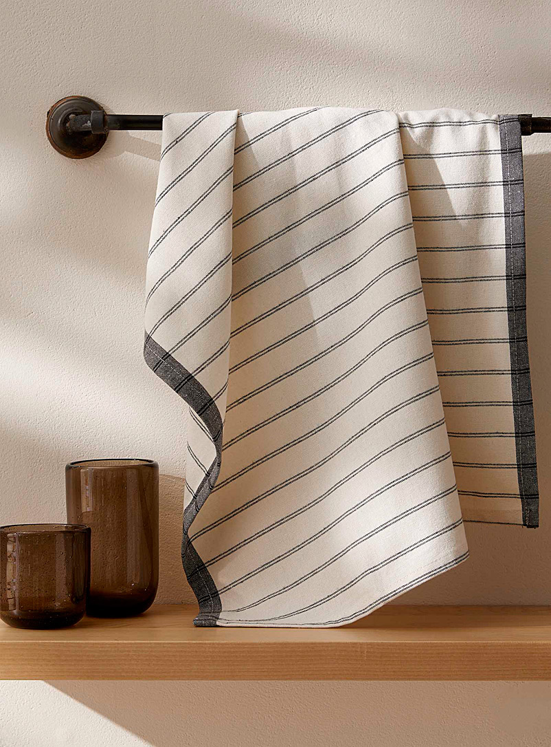 Simons Maison Dark Blue Stripe contrasting border recycled fibre tea towel