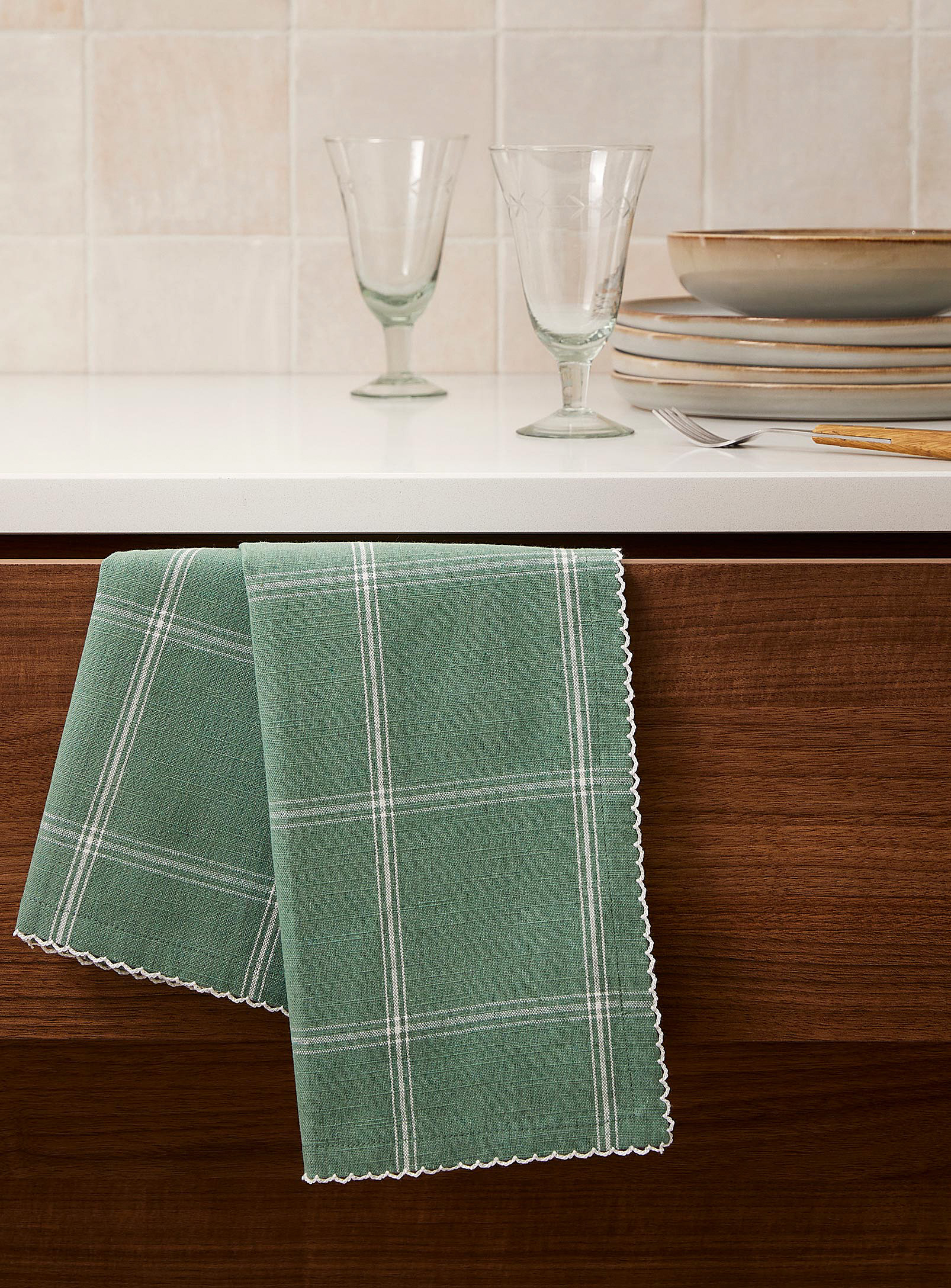 Simons Maison Windowpane Checks Recycled Fibre Tea Towel In Green