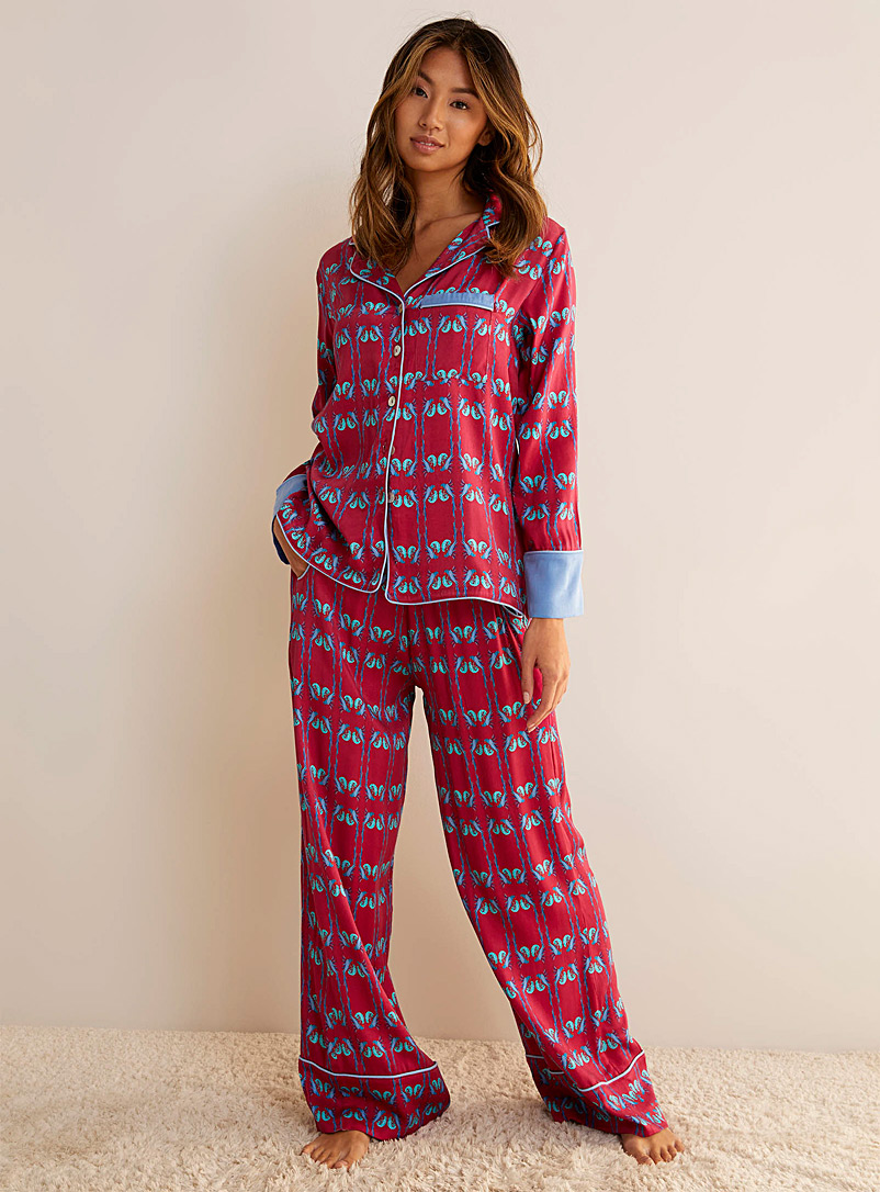 Deeba Cherry Red Long Peri pyjama set for women