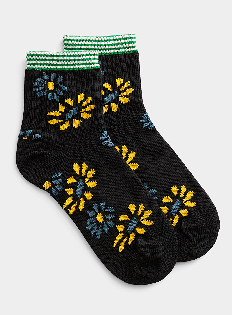 Hansel from Basel Patterned Black Yellow daisy knit sock for women