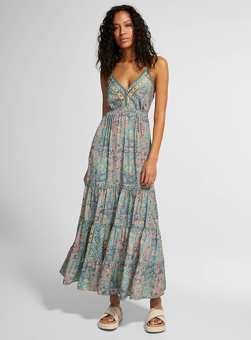 Icône Patterned Blue Floral paisley tiered maxi dress for women