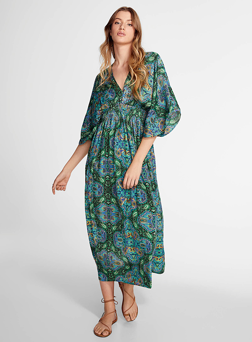 Icône: La robe maxi manches cape paisley Vert à motifs pour femme