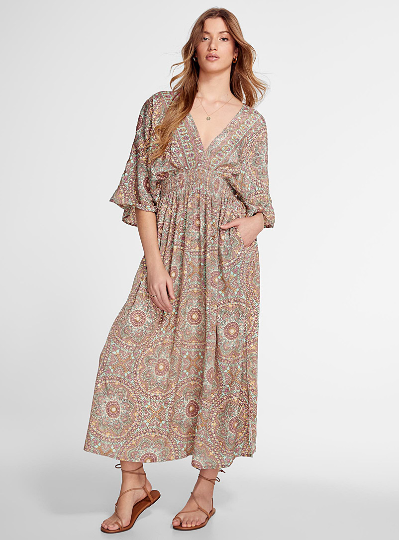 Icône Patterned pink Paisley cape-sleeve maxi dress for women