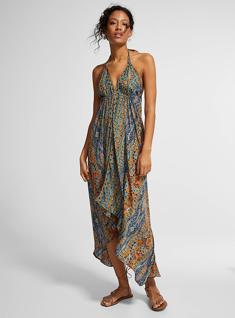 Icône Patterned Blue Refined paisley satiny maxi dress for women