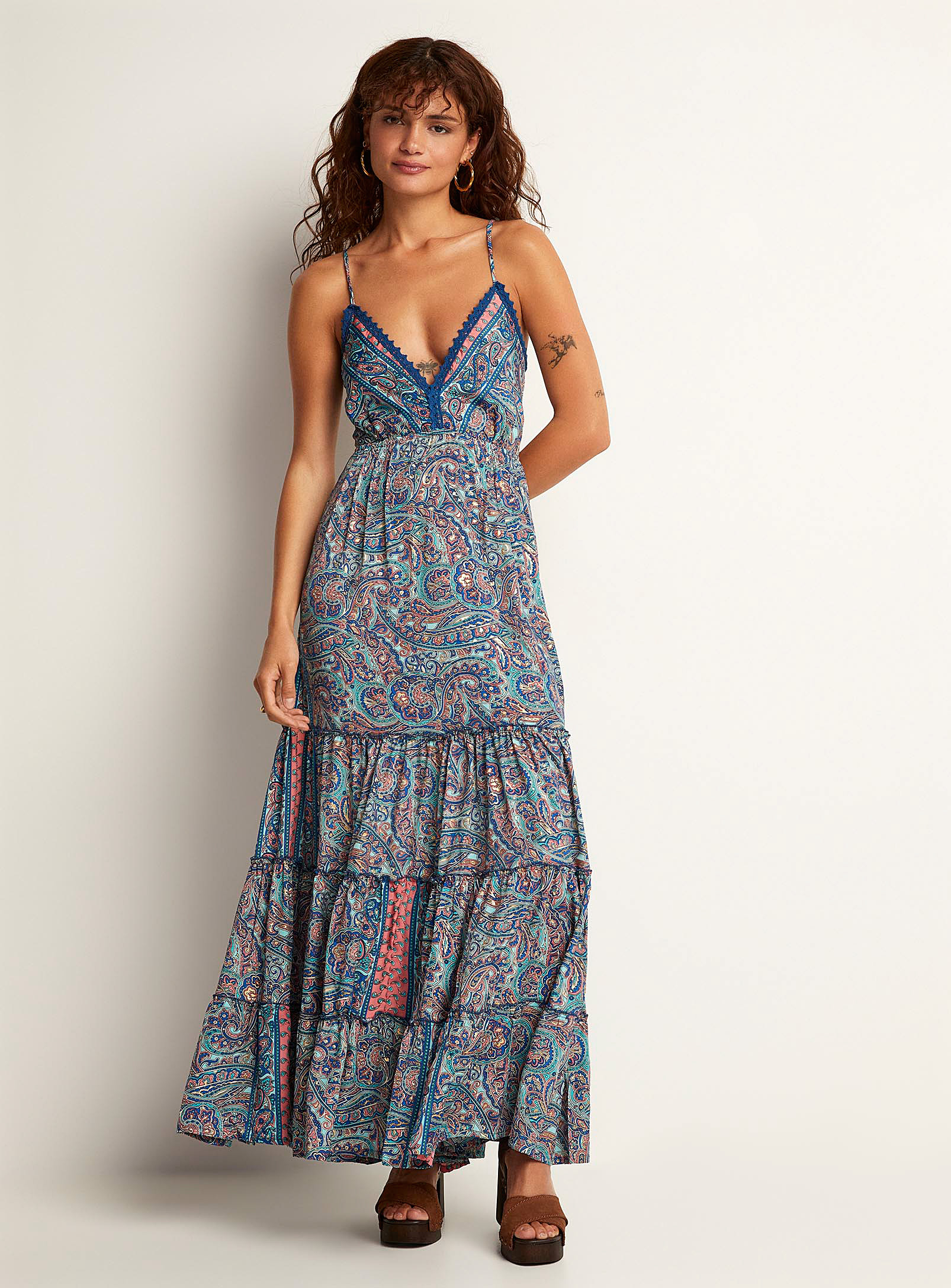 Icone Floral Paisley Tiered Maxi Dress In Royal/sapphire Blue